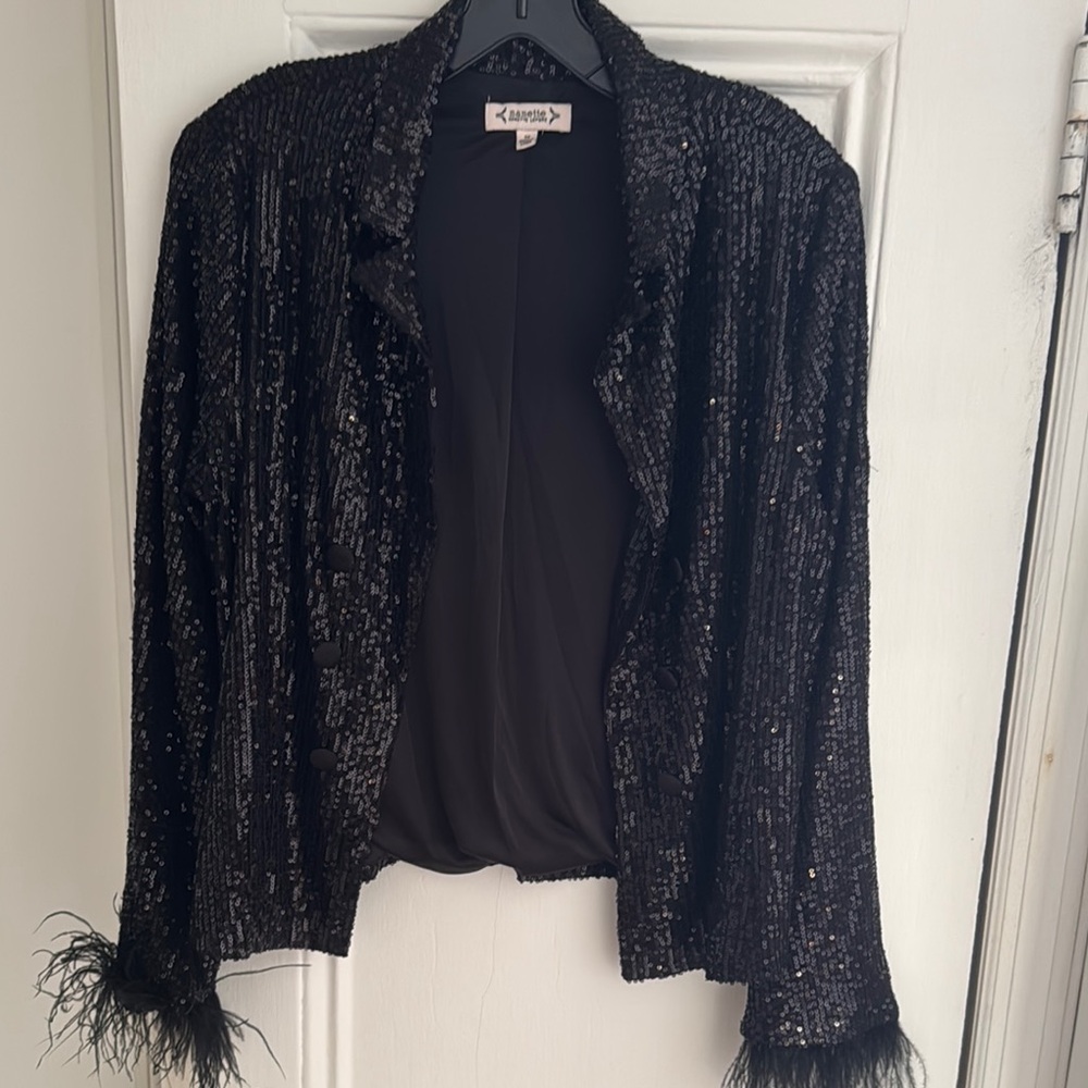 Black Sequin Jacket with Feather Cuffs